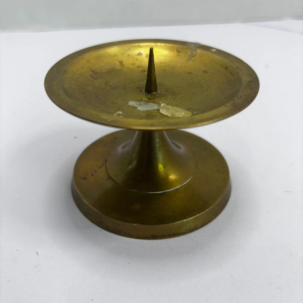 Vintage Brass Pillar‎ Candle Holders Set of 2 Spike Plate Pedestal Made in India